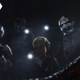 Tech, Echo, Omega, Wrecker, and Hunter shine flashlights on a damaged floorway.